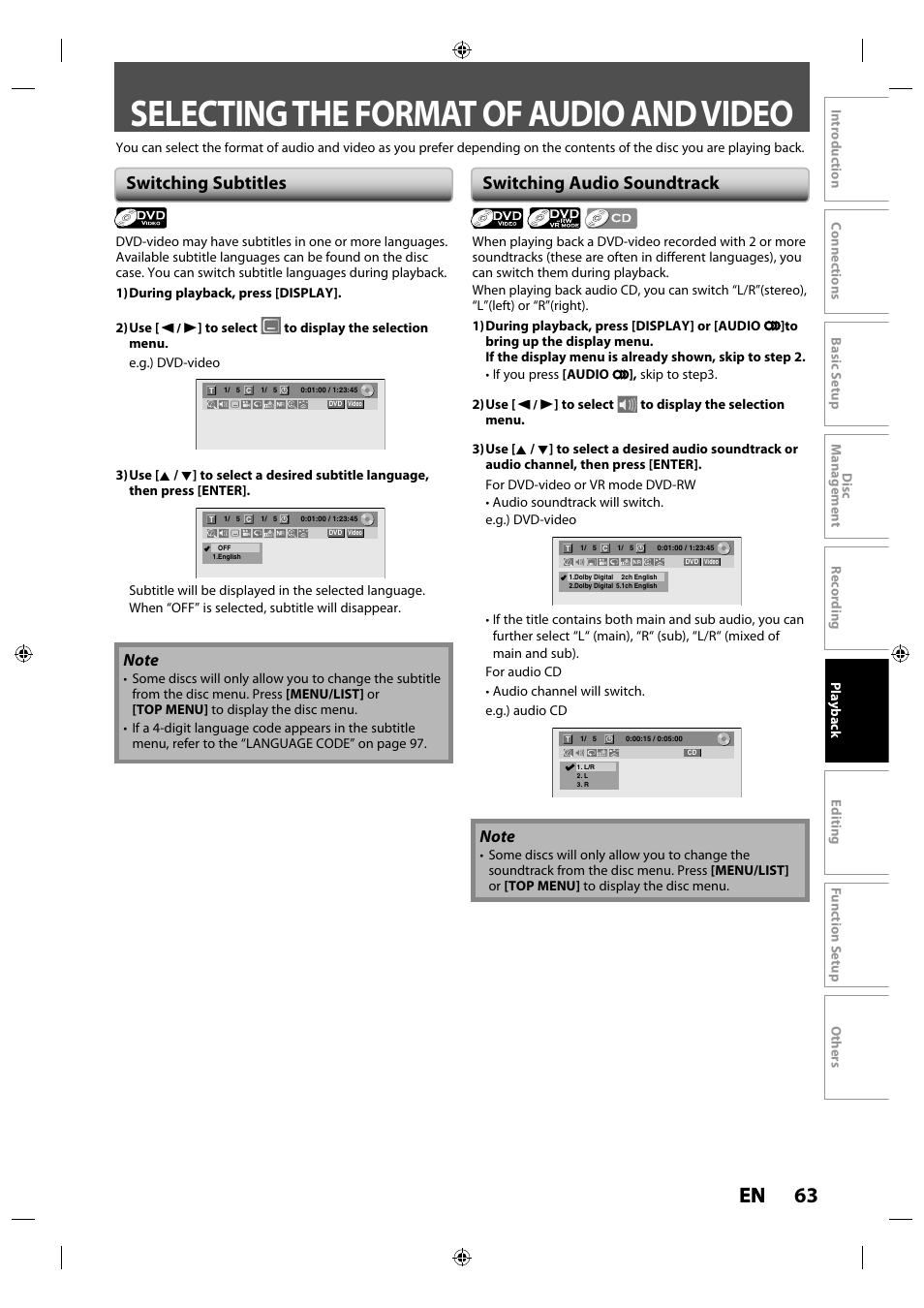 Selecting the format of audio and video, 63 en en, Switching subtitles | Switching audio soundtrack | Toshiba DR430KU User Manual | Page 63 / 103
