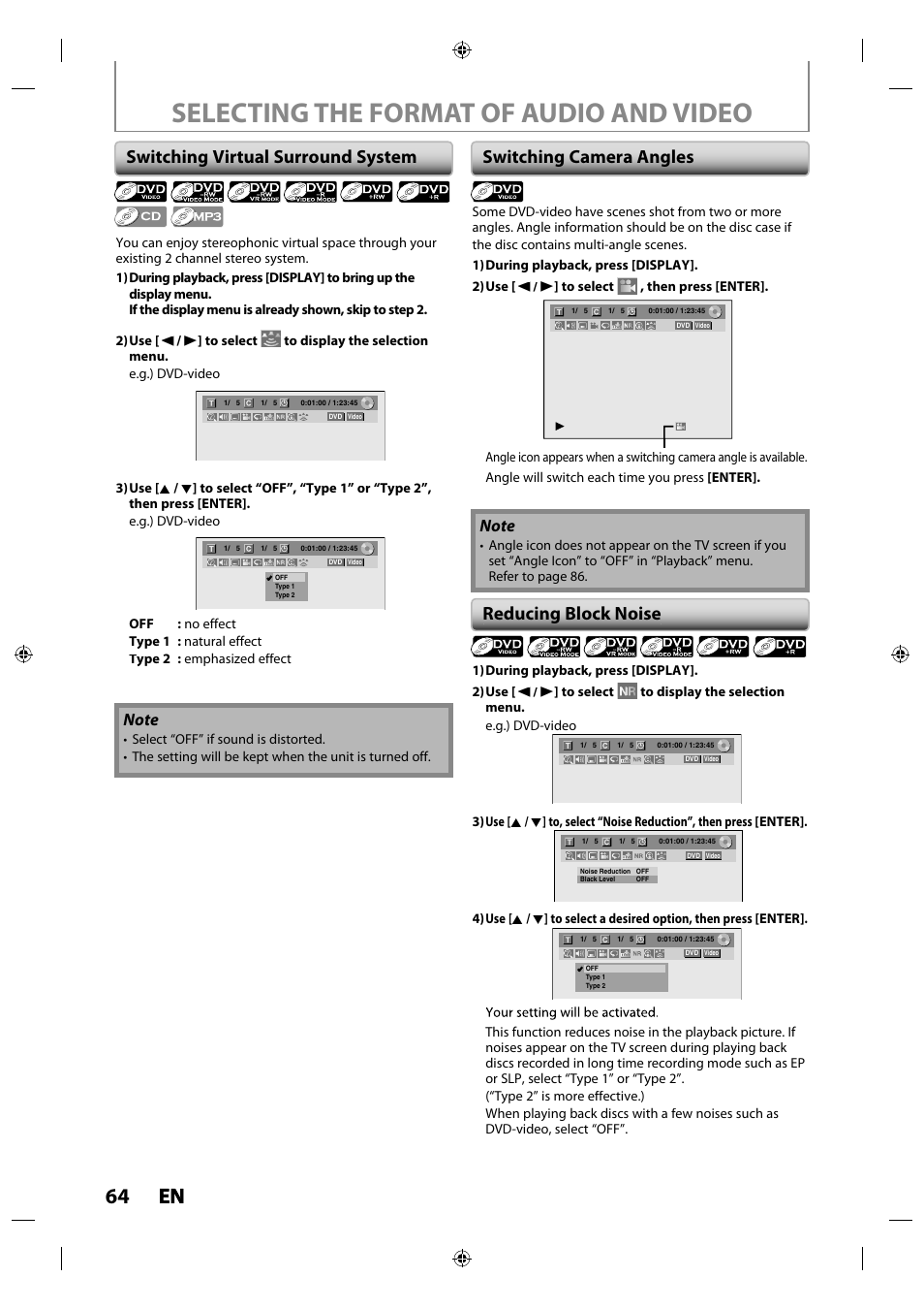 Selecting the format of audio and video, 64 en en, Switching virtual surround system | Switching camera angles reducing block noise | Toshiba DR430KU User Manual | Page 64 / 103