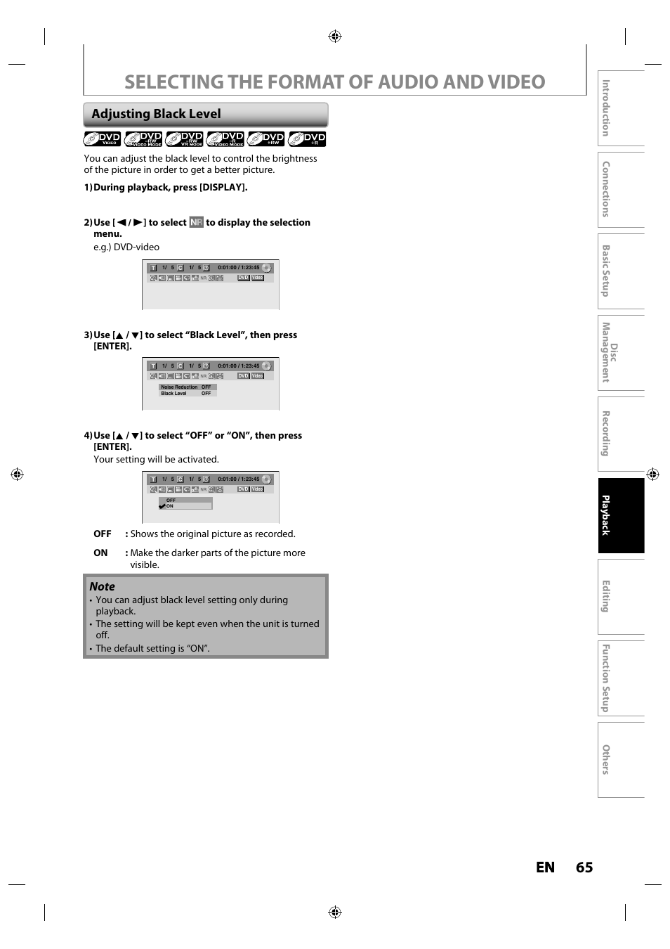 Selecting the format of audio and video, 65 en en, Adjusting black level | Toshiba DR430KU User Manual | Page 65 / 103