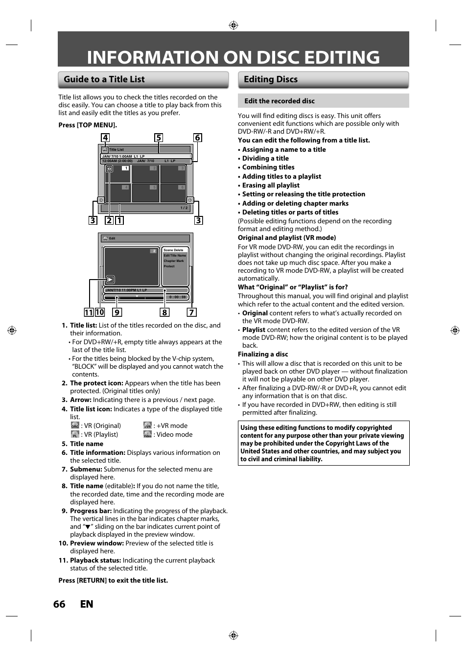 Information on disc editing, 66 en en, Guide to a title list editing discs | Toshiba DR430KU User Manual | Page 66 / 103