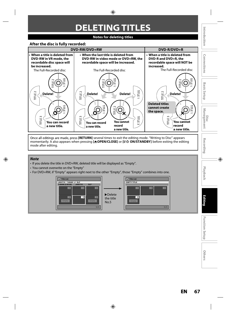 Deleting titles, 67 en en, After the disc is fully recorded | Dvd-rw/dvd+rw dvd-r/dvd+r | Toshiba DR430KU User Manual | Page 67 / 103