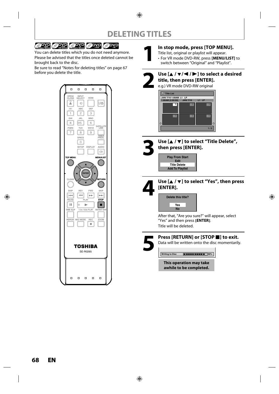 Deleting titles, 68 en en, Use [ k / l ] to select “yes”, then press [enter | Press [return] or [stop c ] to exit | Toshiba DR430KU User Manual | Page 68 / 103