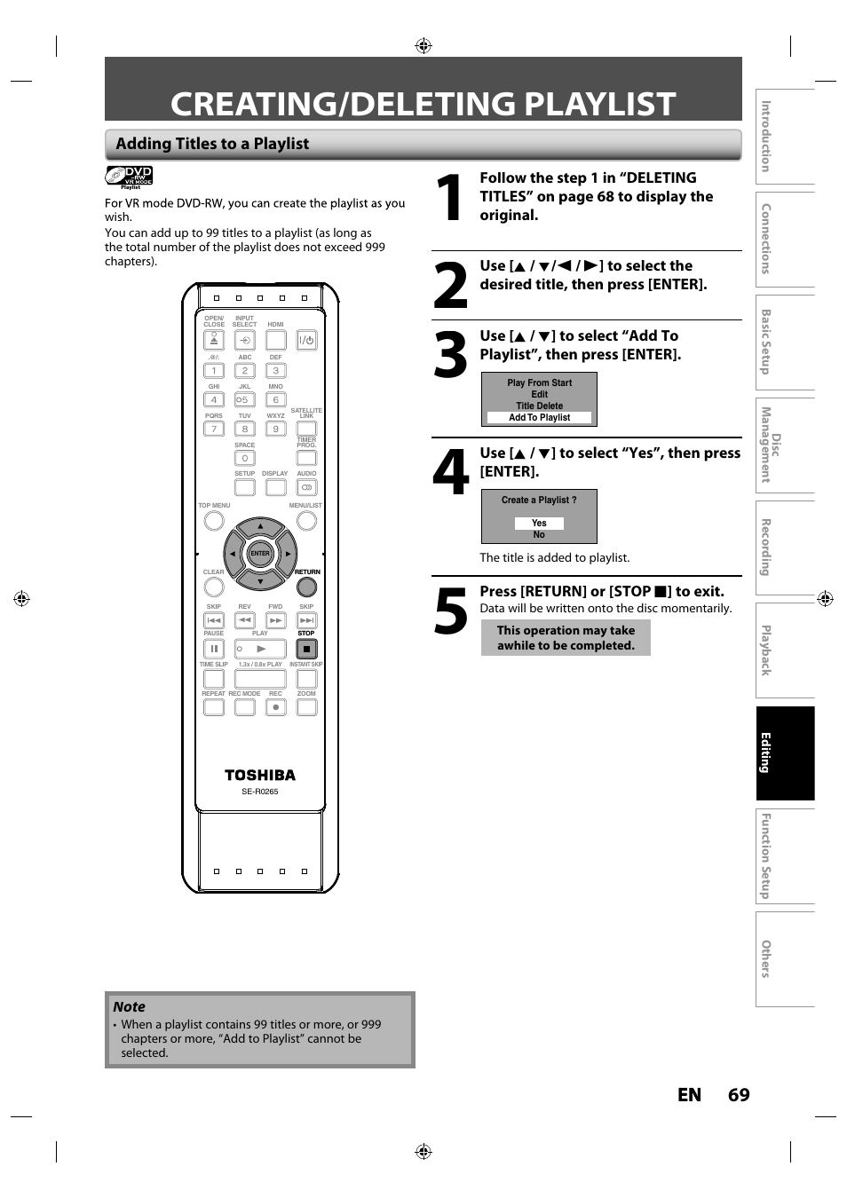 Creating/deleting playlist, 69 en en, Adding titles to a playlist | Toshiba DR430KU User Manual | Page 69 / 103
