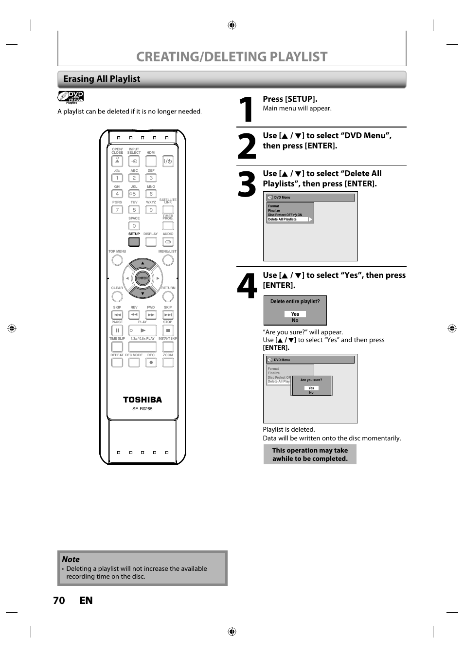 Creating/deleting playlist, 70 en en, Erasing all playlist | Press [setup, Use [ k / l ] to select “yes”, then press [enter | Toshiba DR430KU User Manual | Page 70 / 103