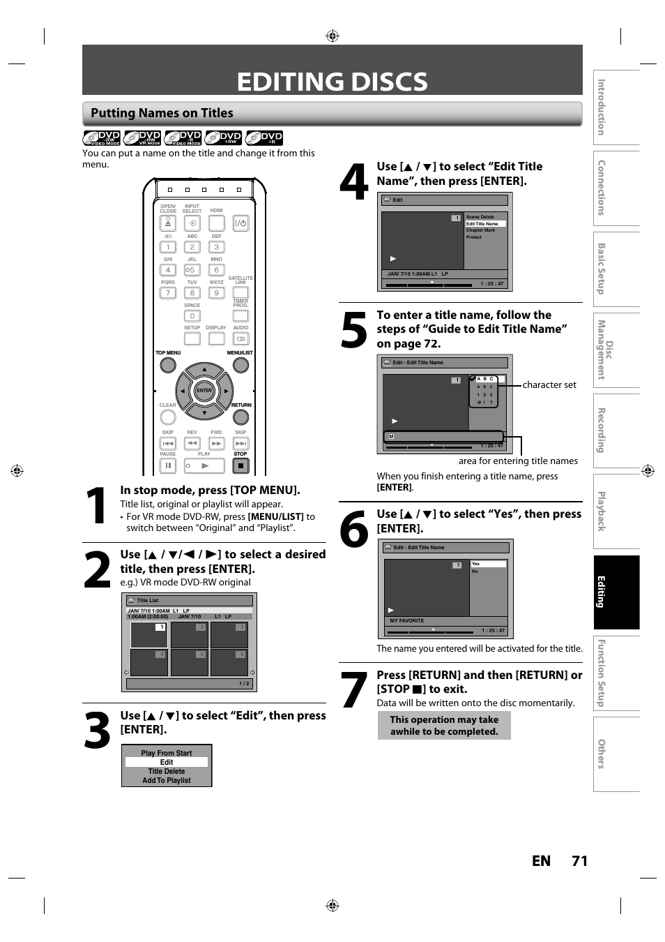Editing discs, 71 en en, Putting names on titles | Toshiba DR430KU User Manual | Page 71 / 103