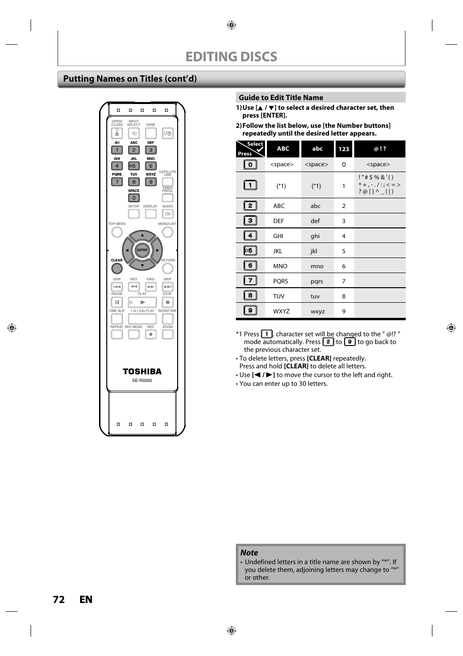 Editing discs, 72 en en, Putting names on titles (cont’d) | Guide to edit title name | Toshiba DR430KU User Manual | Page 72 / 103