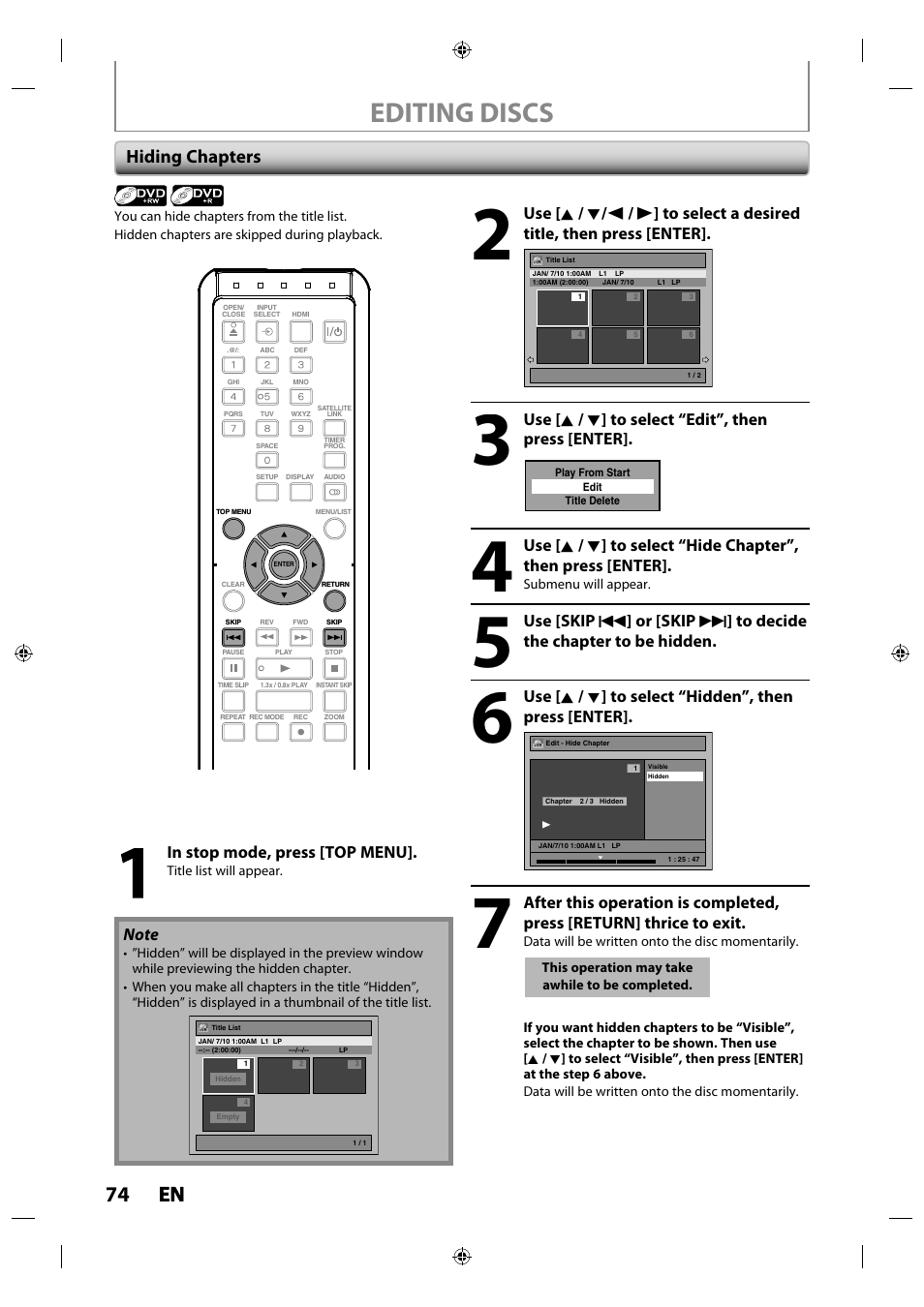 Editing discs, 74 en en, Hiding chapters | Use [ k / l ] to select “edit”, then press [enter | Toshiba DR430KU User Manual | Page 74 / 103