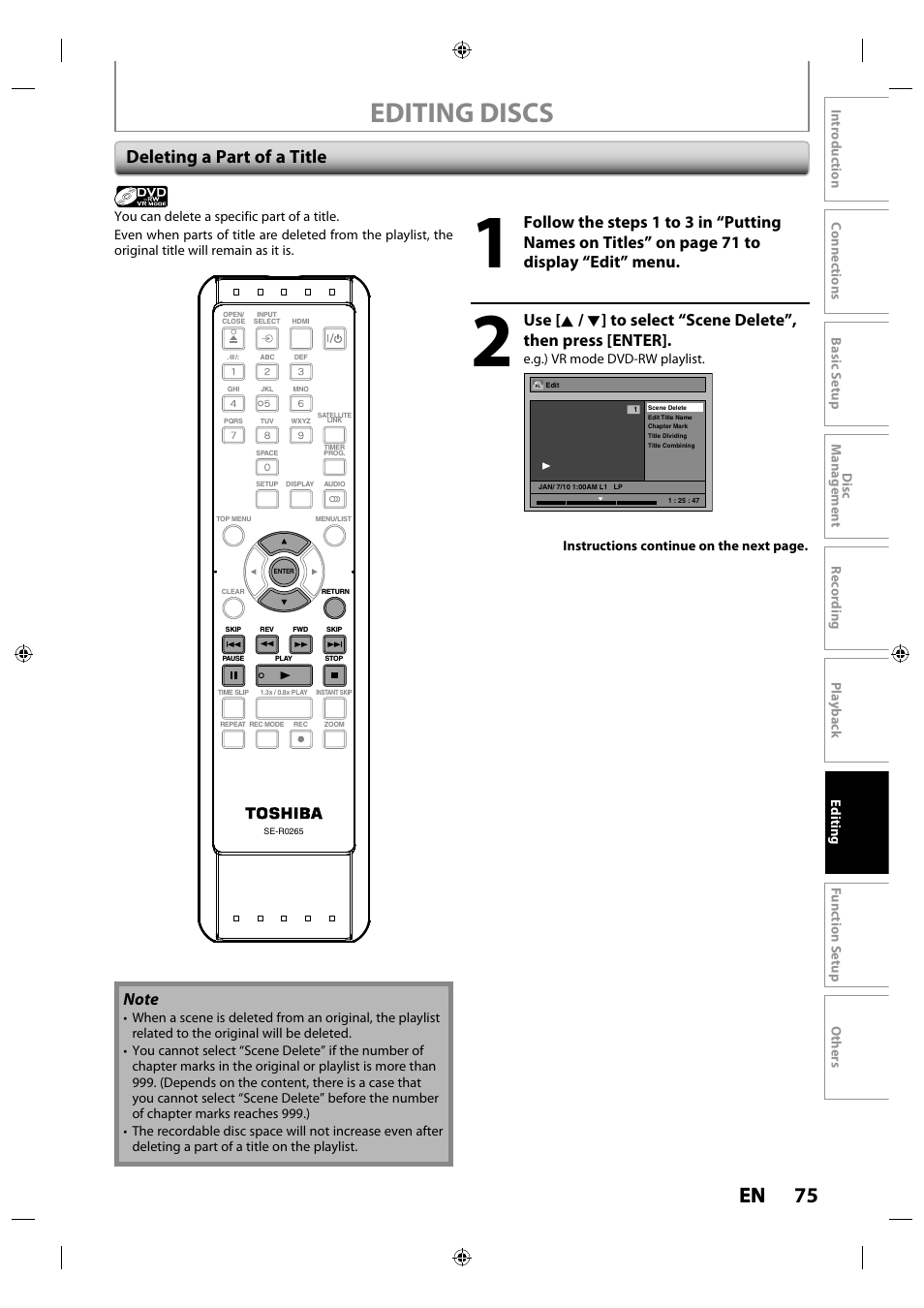 Editing discs, 75 en en, Deleting a part of a title | Toshiba DR430KU User Manual | Page 75 / 103