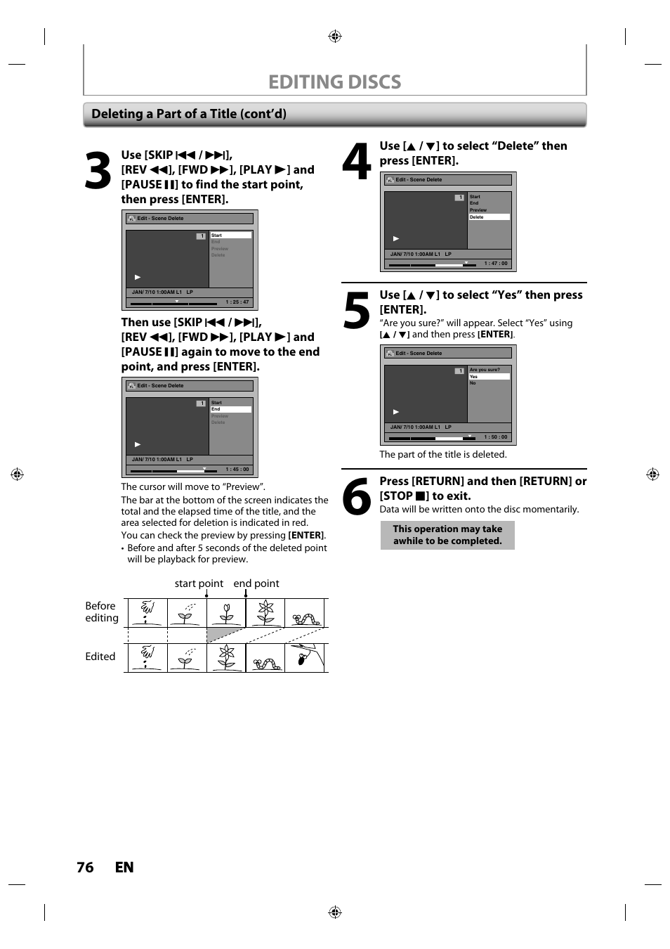 Editing discs, 76 en en, Deleting a part of a title (cont’d) | Toshiba DR430KU User Manual | Page 76 / 103