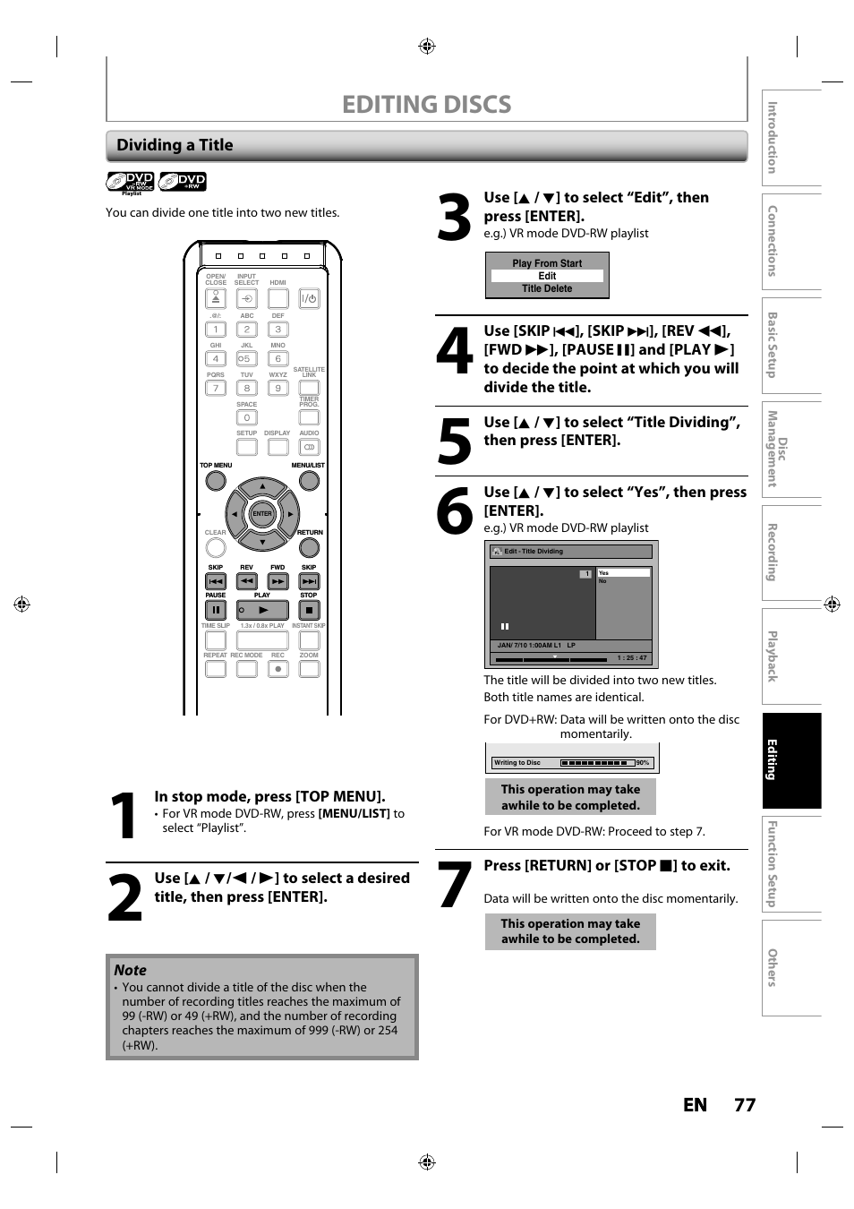 Editing discs, 77 en en, Dividing a title | Toshiba DR430KU User Manual | Page 77 / 103