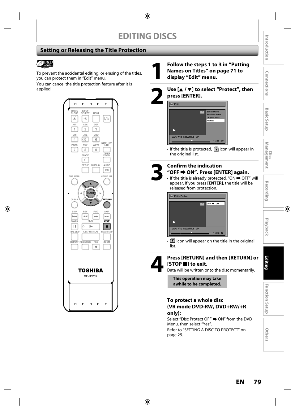 Editing discs, 79 en en, Setting or releasing the title protection | Toshiba DR430KU User Manual | Page 79 / 103