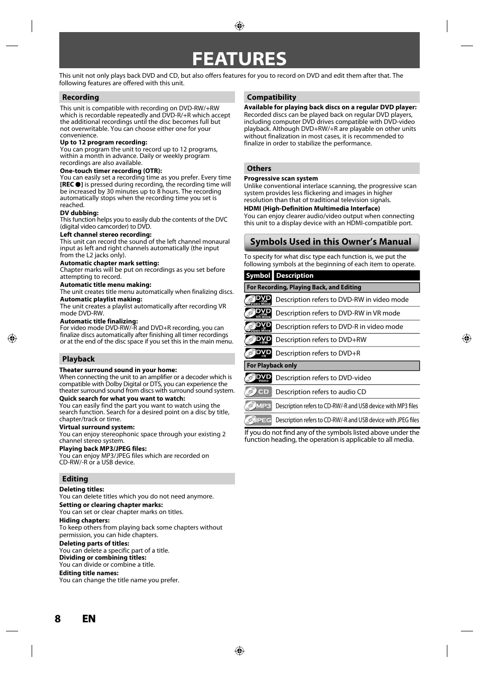 Features, 8en en, Symbols used in this owner’s manual | Toshiba DR430KU User Manual | Page 8 / 103