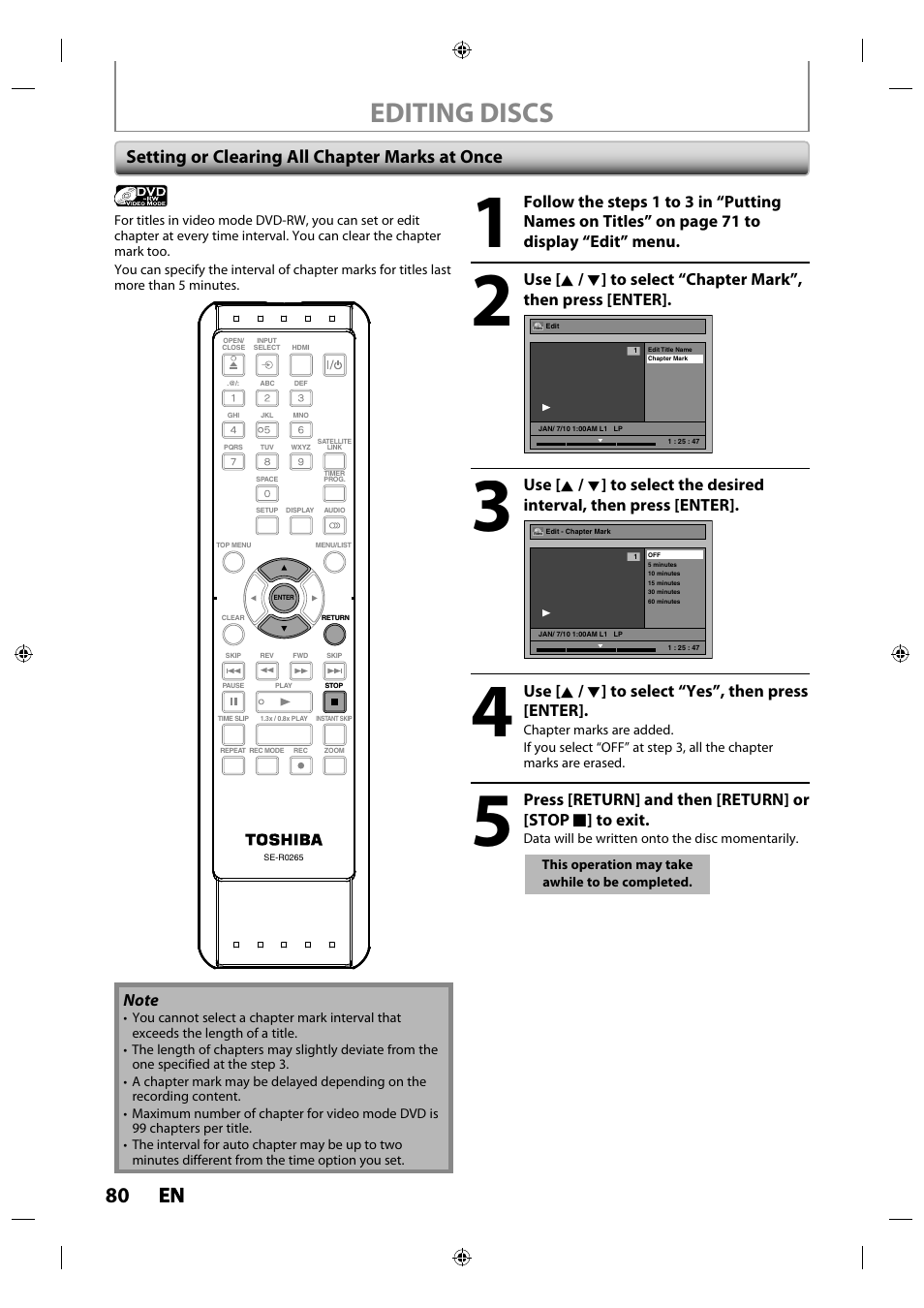 Editing discs, 80 en en, Setting or clearing all chapter marks at once | Use [ k / l ] to select “yes”, then press [enter | Toshiba DR430KU User Manual | Page 80 / 103