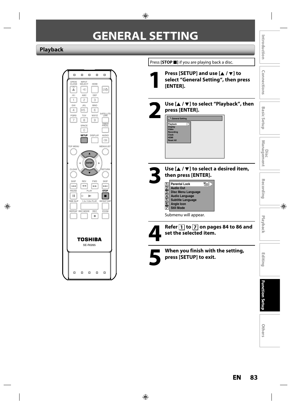 General setting, 83 en en, Playback | Toshiba DR430KU User Manual | Page 83 / 103