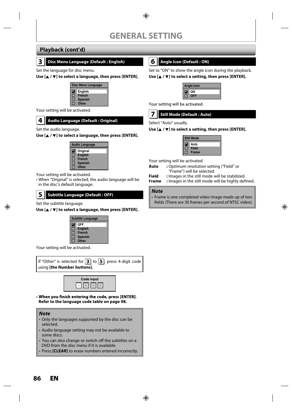 General setting, 86 en en, Playback (cont’d) | Toshiba DR430KU User Manual | Page 86 / 103