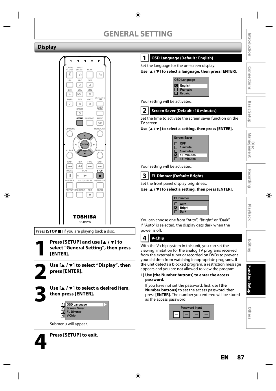 General setting, 87 en en, Display | Toshiba DR430KU User Manual | Page 87 / 103