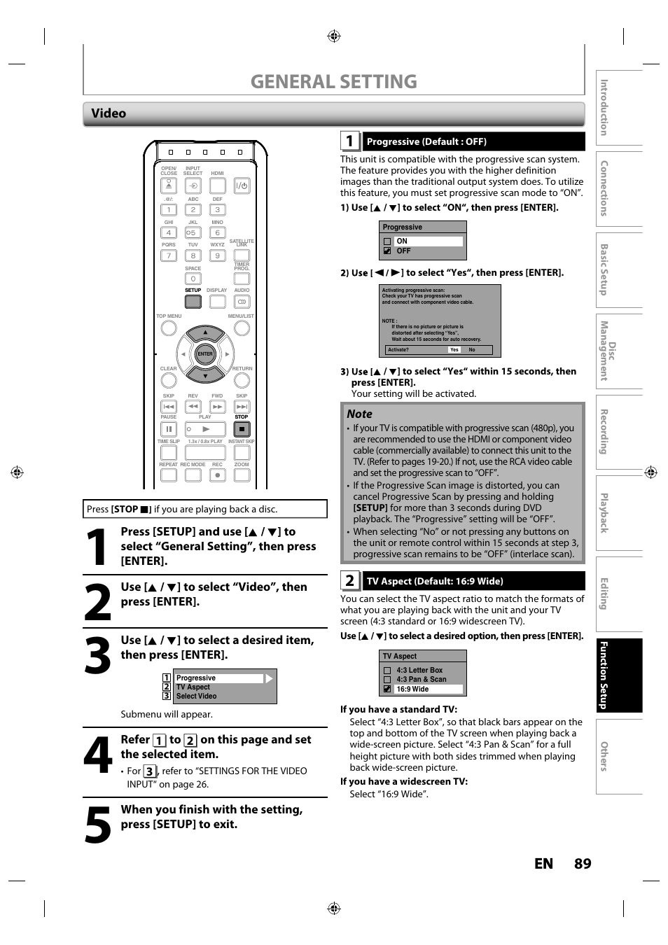 General setting, 89 en en, Video | Toshiba DR430KU User Manual | Page 89 / 103