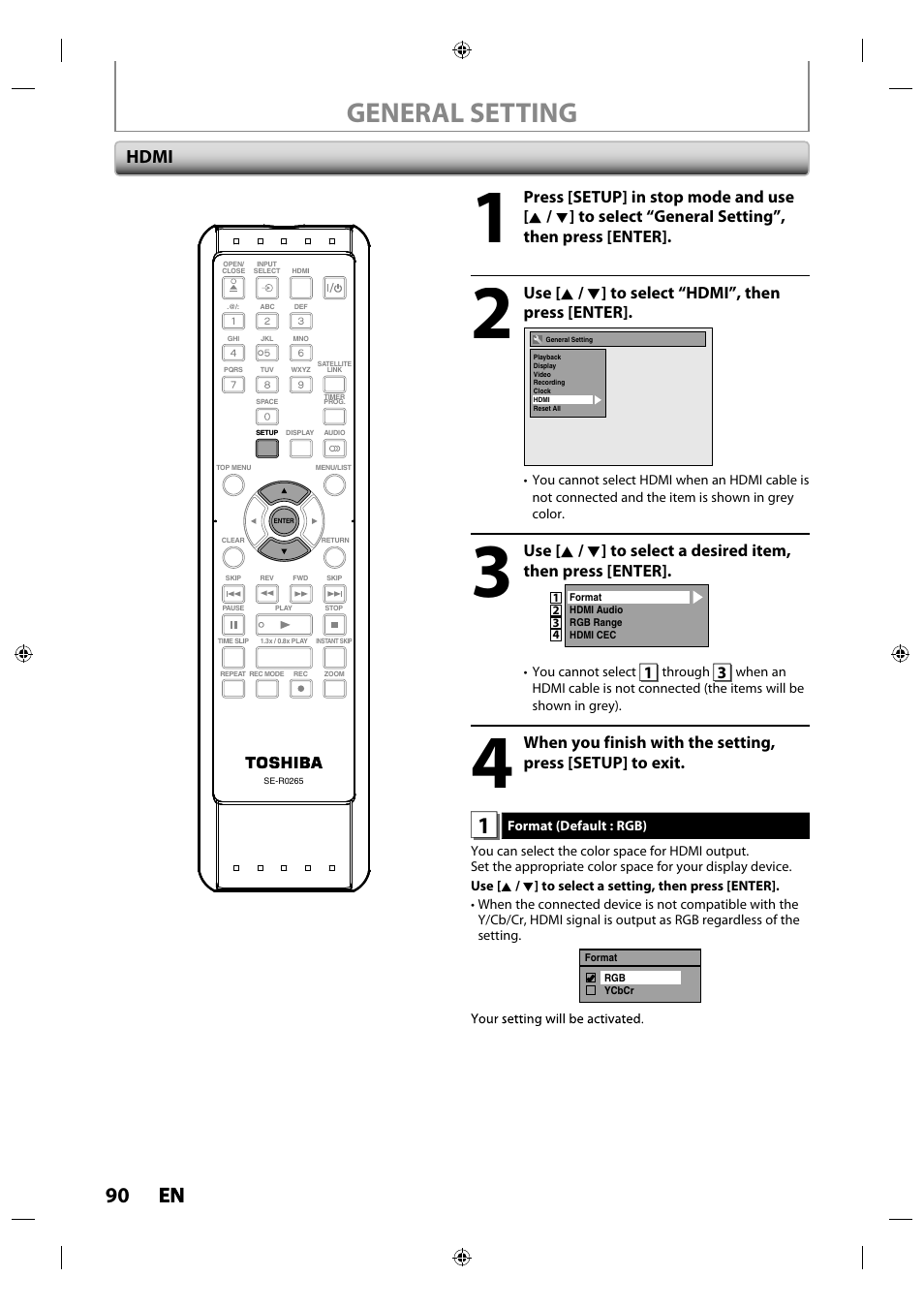 General setting, 90 en en, Hdmi | Toshiba DR430KU User Manual | Page 90 / 103