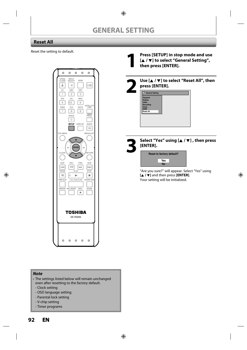 General setting, 92 en en, Reset all | Select “yes” using [ k / l ] , then press [enter | Toshiba DR430KU User Manual | Page 92 / 103