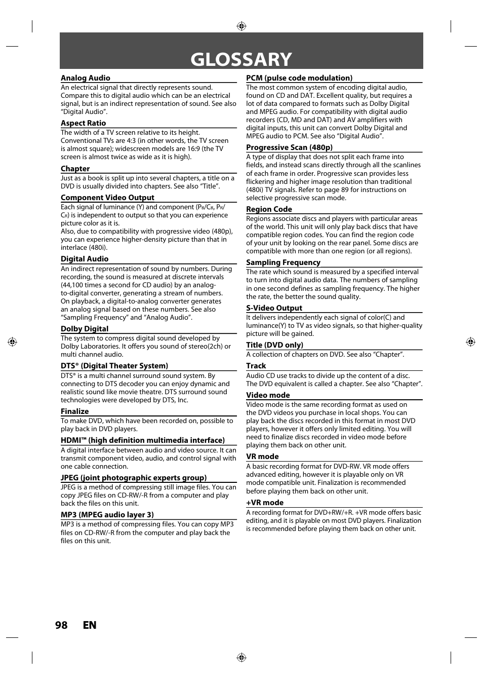 Glossary, 98 en en | Toshiba DR430KU User Manual | Page 98 / 103