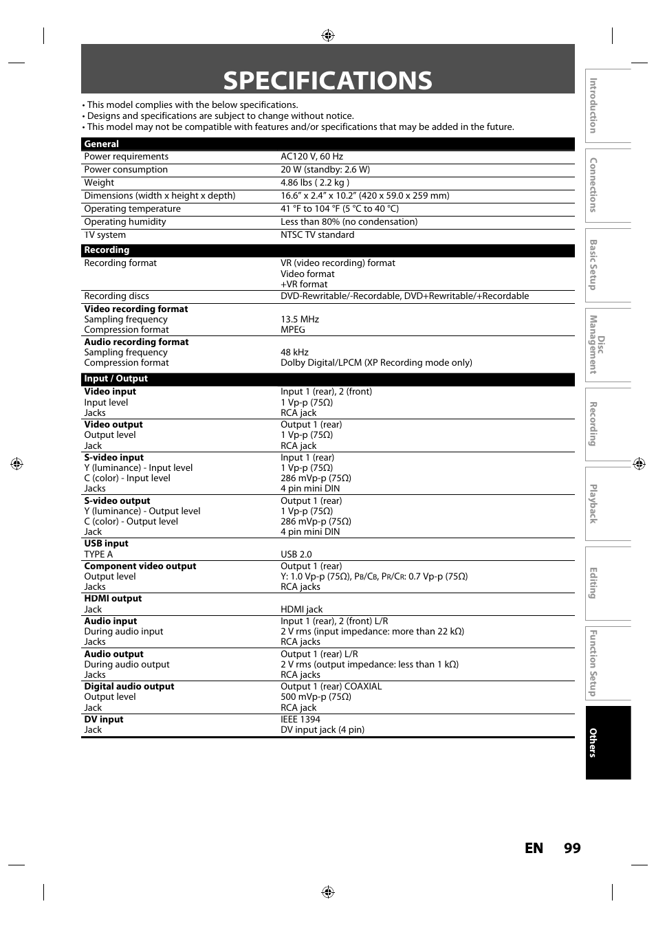 Specifications, 99 en en | Toshiba DR430KU User Manual | Page 99 / 103