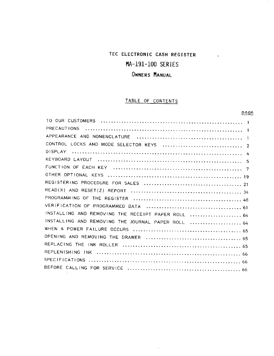 Tec electronic cash register | Toshiba MA-191 User Manual | Page 3 / 72