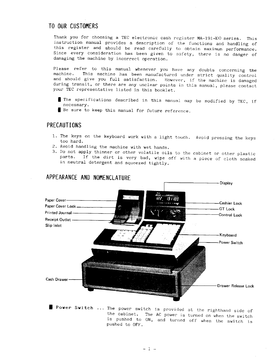 To our customers, Precautions, Appearance and nomenclature | T o o u r c u s t o m e r s, P r e c a u t i o n s, A p p e a r a n c e a n d n o m e n c l a t u r e | Toshiba MA-191 User Manual | Page 5 / 72