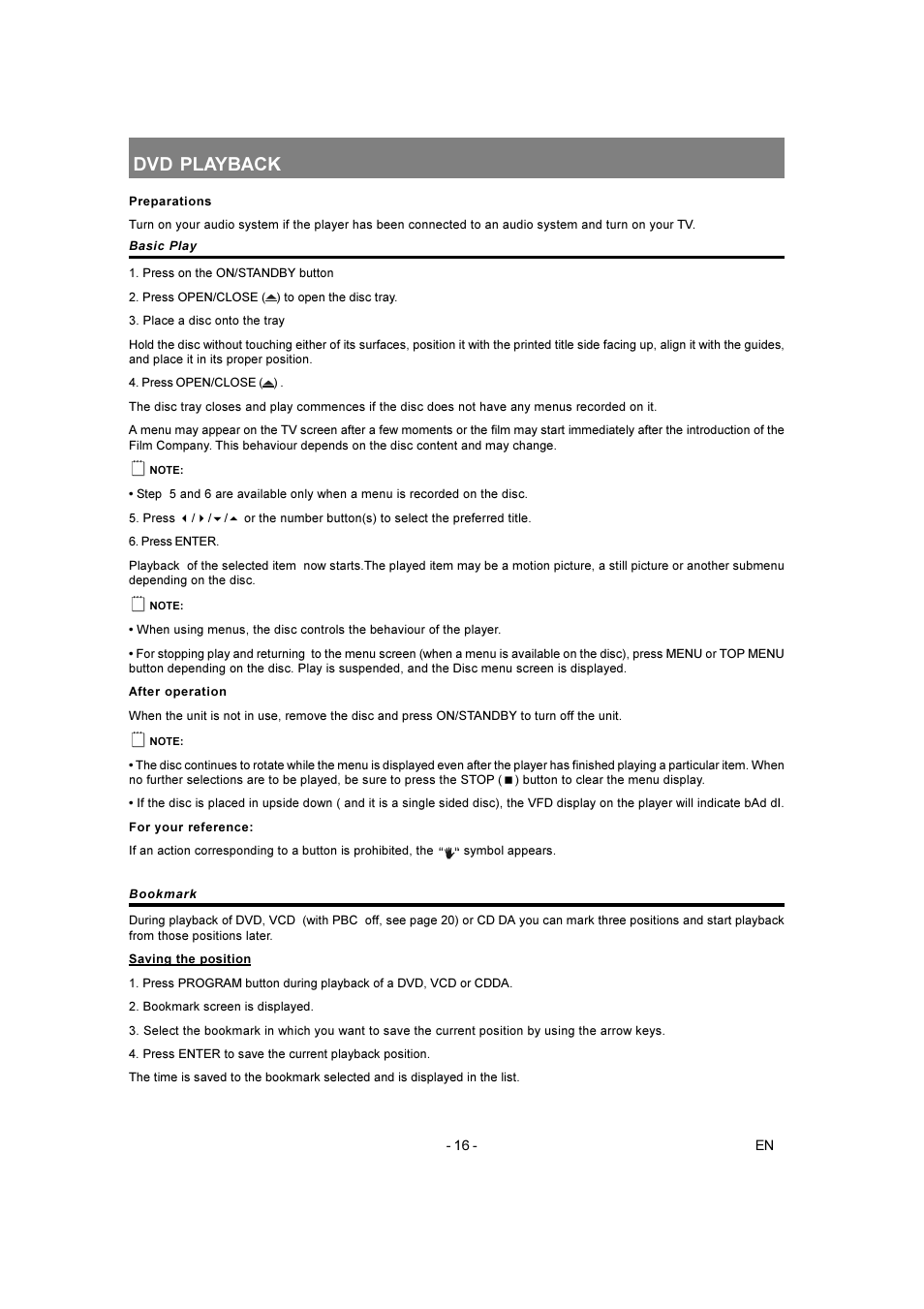 Dvd playback | Toshiba SD-250E-S-TE User Manual | Page 16 / 35