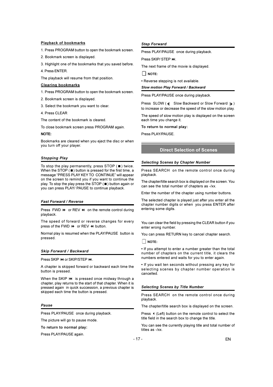 Direct selection of scenes | Toshiba SD-250E-S-TE User Manual | Page 17 / 35