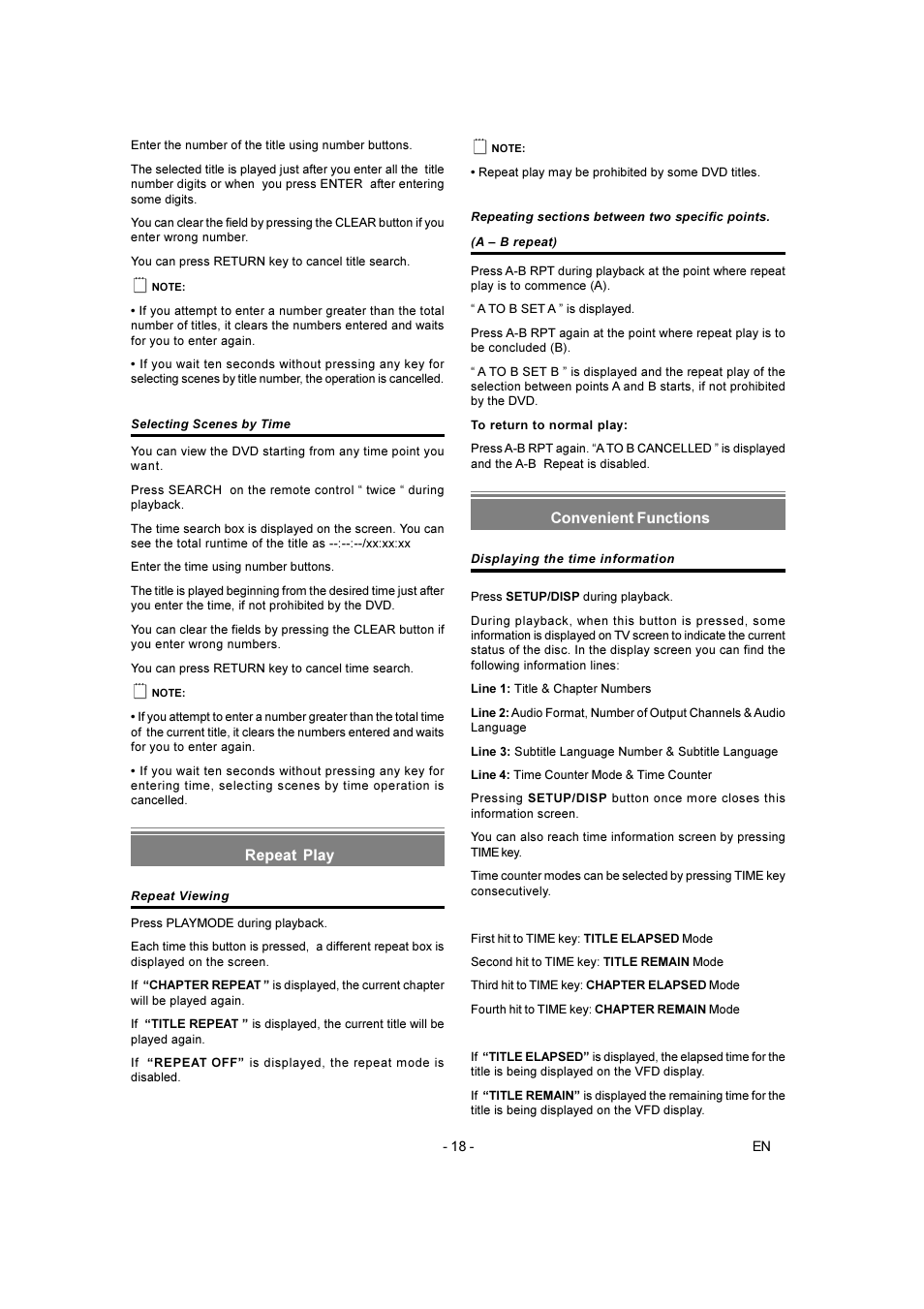 Repeat play, Convenient functions | Toshiba SD-250E-S-TE User Manual | Page 18 / 35