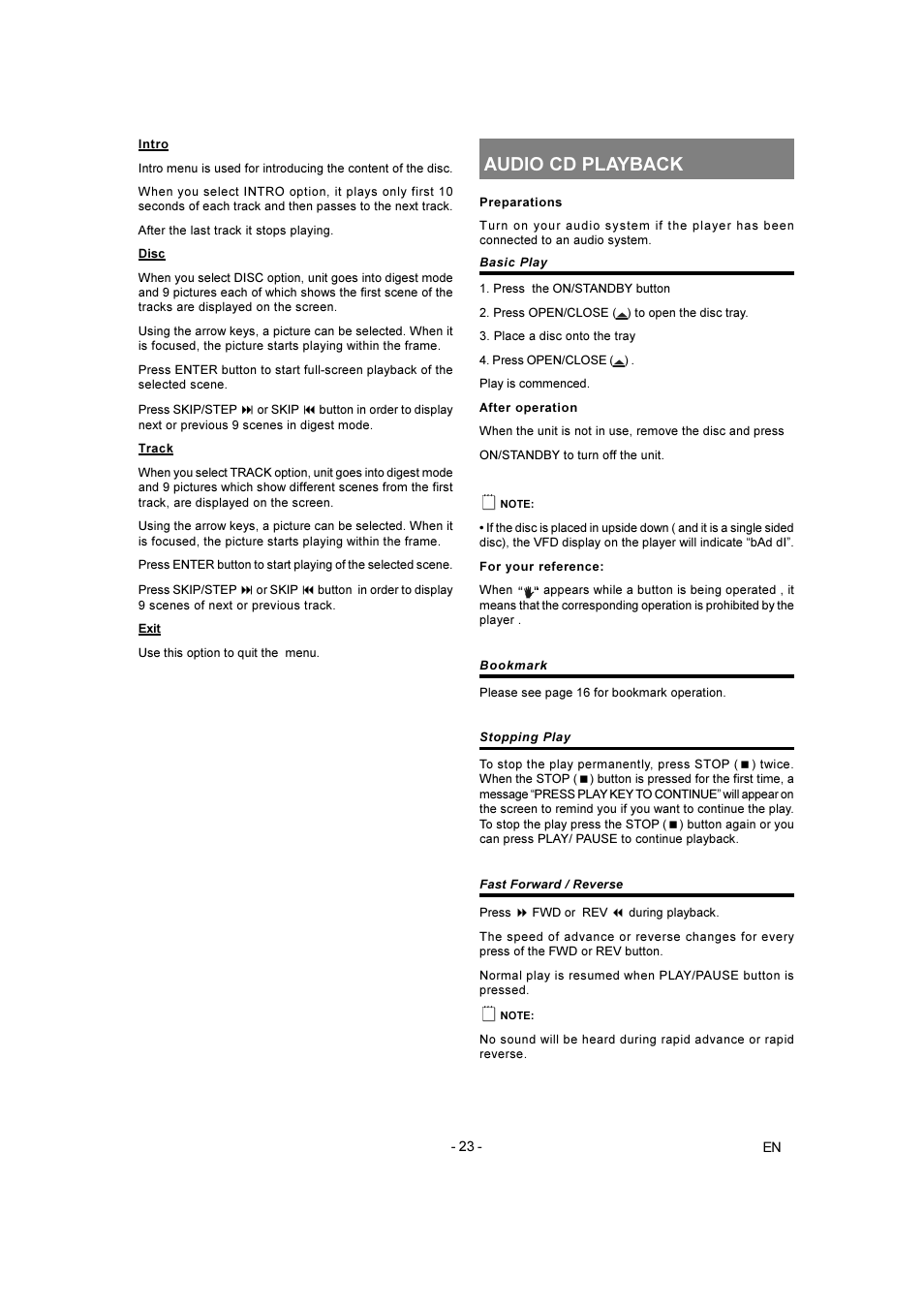 Audio cd playback | Toshiba SD-250E-S-TE User Manual | Page 23 / 35