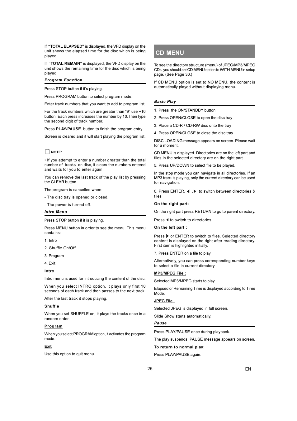 Cd menu | Toshiba SD-250E-S-TE User Manual | Page 25 / 35