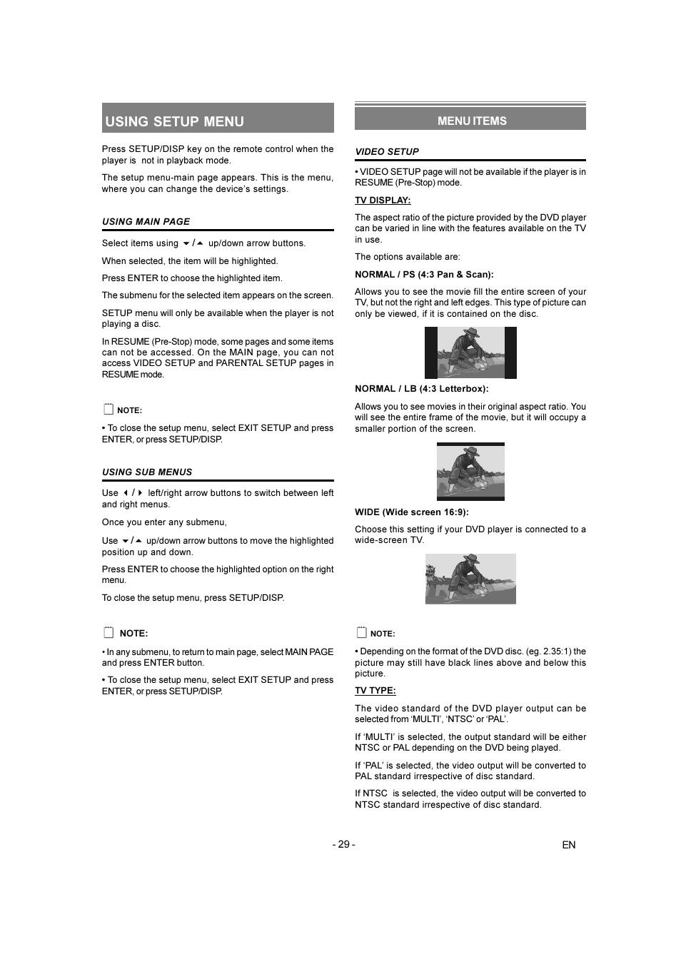 Using setup menu | Toshiba SD-250E-S-TE User Manual | Page 29 / 35