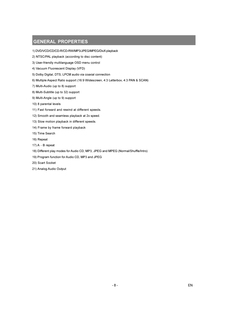 General properties | Toshiba SD-250E-S-TE User Manual | Page 8 / 35
