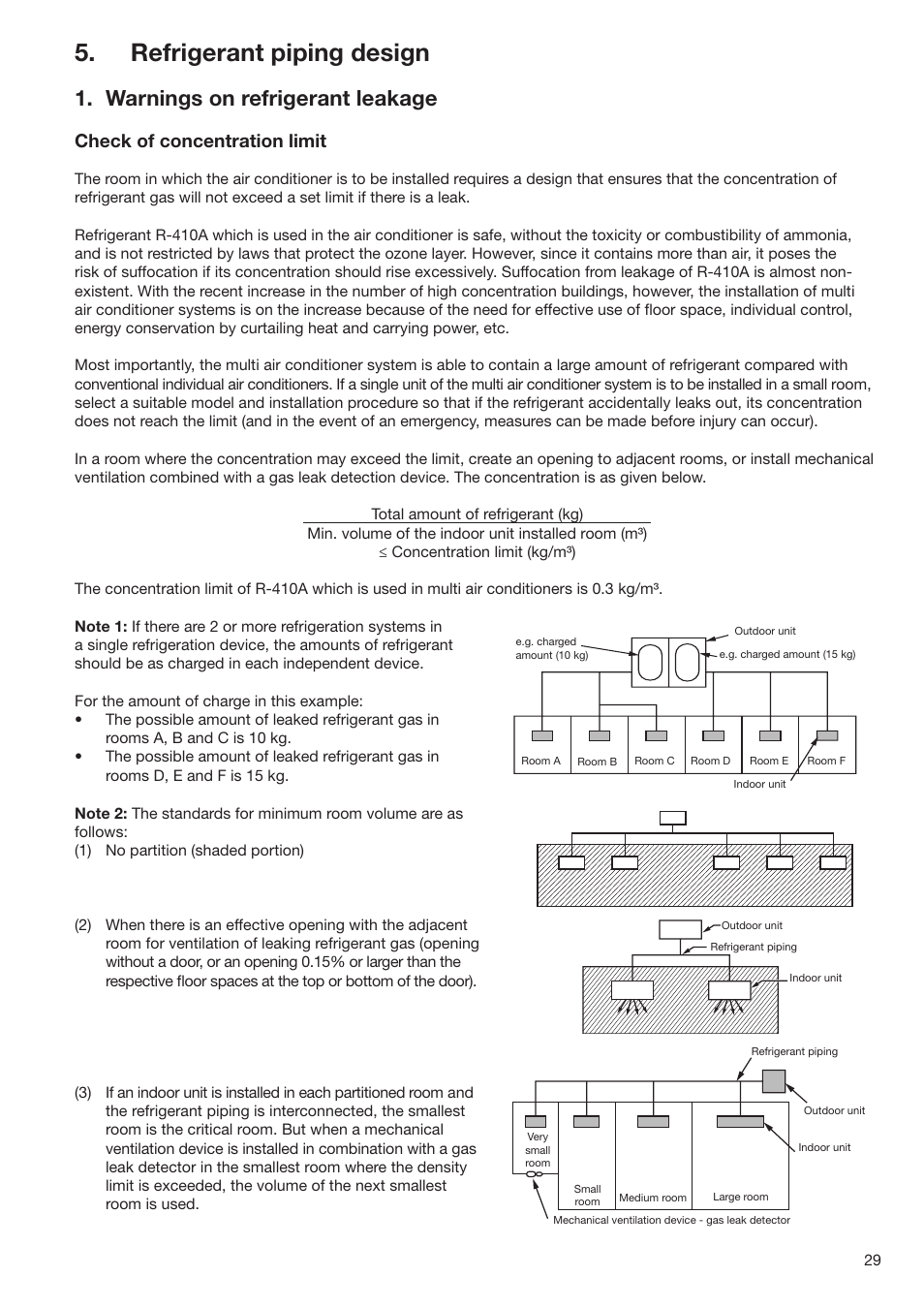 Refrigerant piping design, Warnings on refrigerant leakage, Check of concentration limit | Toshiba SUPER MODULAR MULTI HFC R-410A User Manual | Page 29 / 108