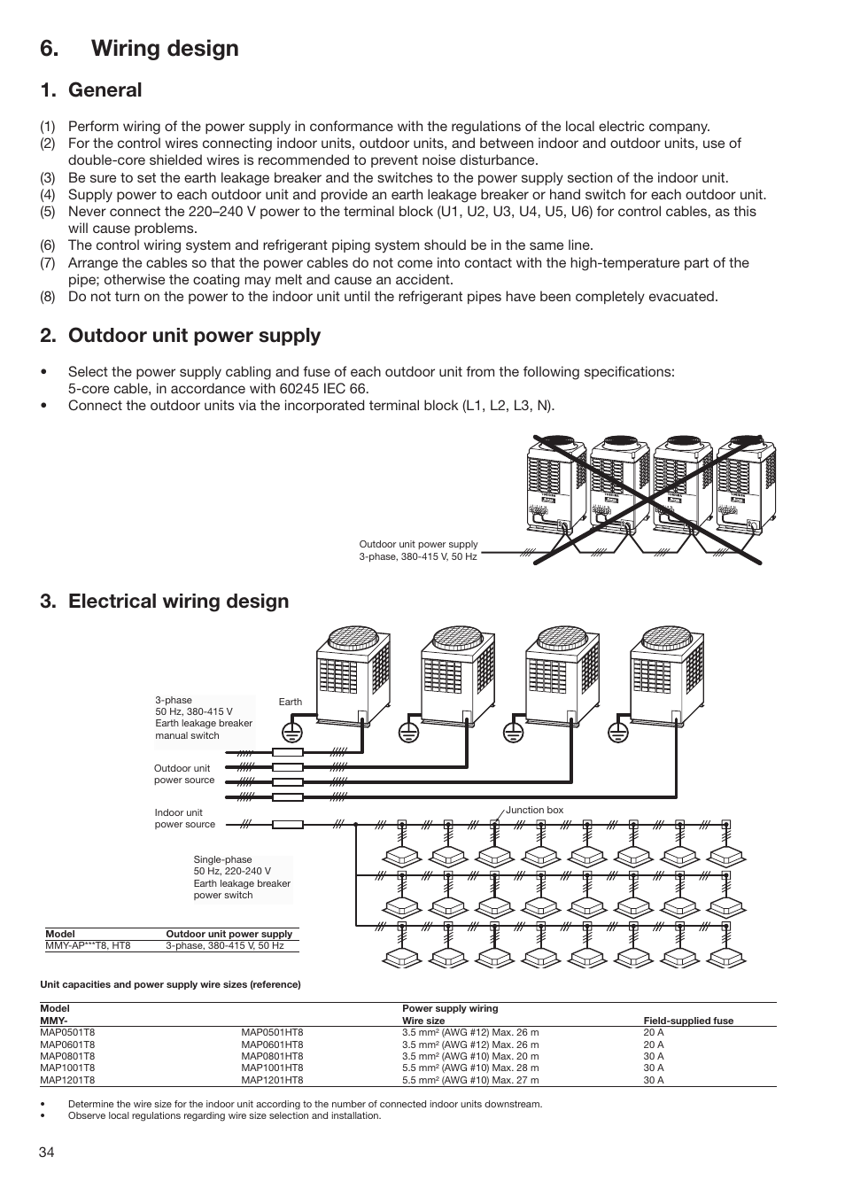 Wiring design, General, Outdoor unit power supply | Electrical wiring design | Toshiba SUPER MODULAR MULTI HFC R-410A User Manual | Page 34 / 108