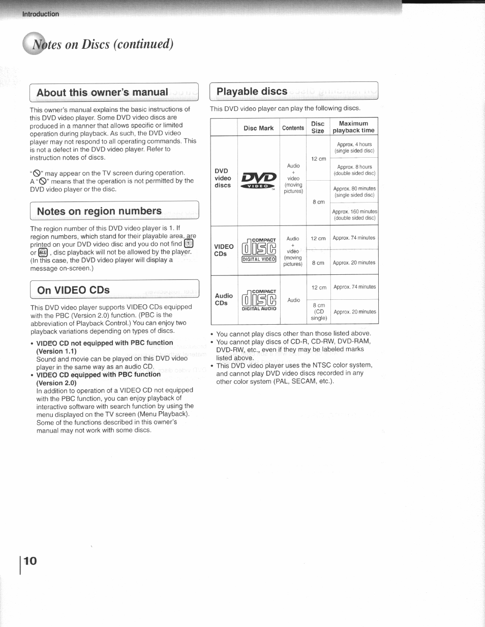 Ç^tes on discs (continued), About this owner’s manual, Playable discs | Dg(e, About this owner’s manual playable discs, On video cds | Toshiba SD-3109 User Manual | Page 10 / 48