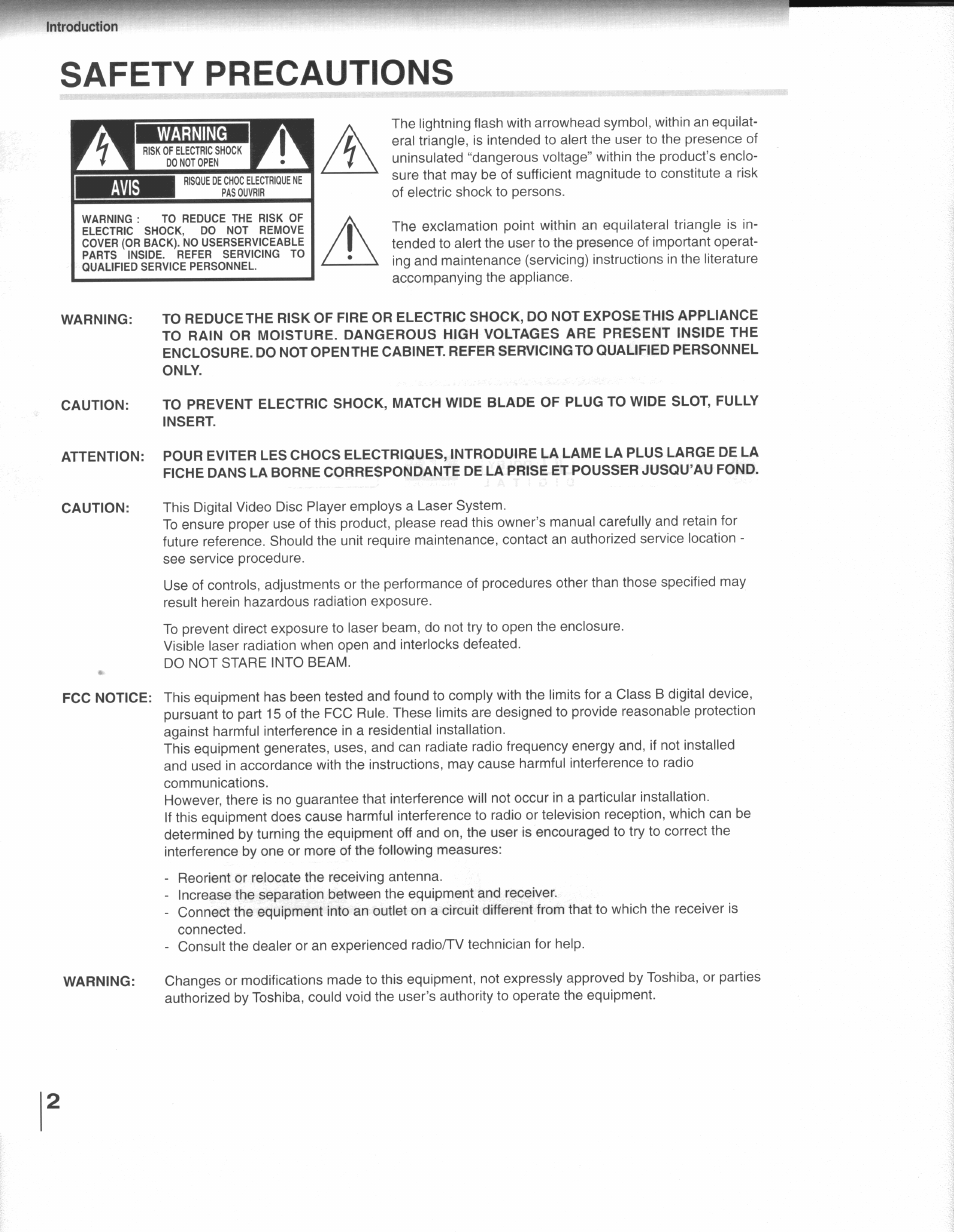 Introduction, Insert, Safety precautions | Toshiba SD-3109 User Manual | Page 2 / 48