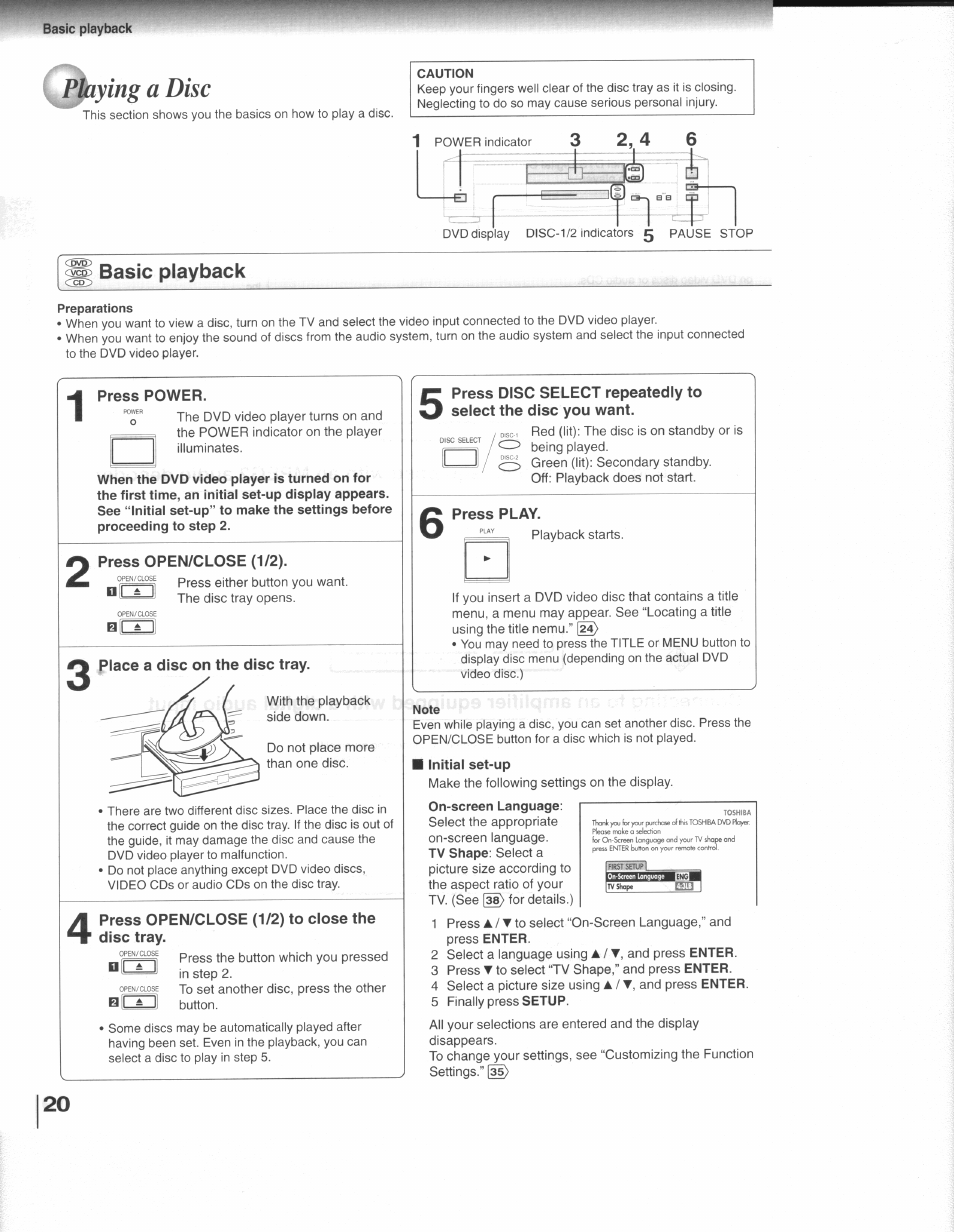 Ppying a disc, Basic playback, Press power | Press open/close (1/2), Place a disc on the disc tray, Press play, Note, Playing a disc, Ipimplii | Toshiba SD-3109 User Manual | Page 20 / 48