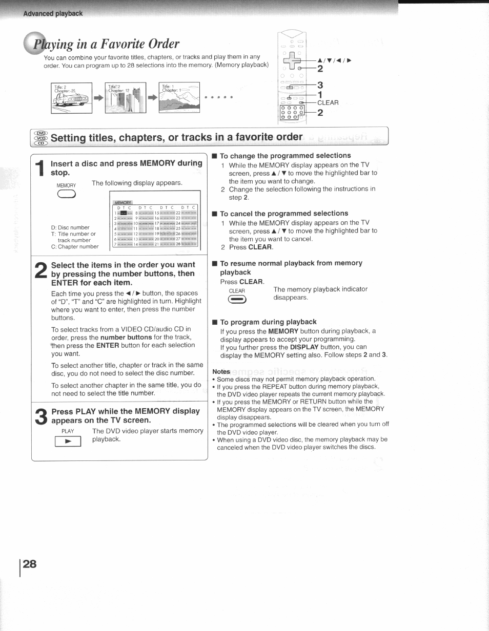 Pying in a favorite order, Insert a disc and press memory during stop, I to change the programmed selections | I to cancel the programmed selections, To program during playback, Playing in a favorite order, Setting titles, chapters, or tracks in a favorite, Order | Toshiba SD-3109 User Manual | Page 28 / 48