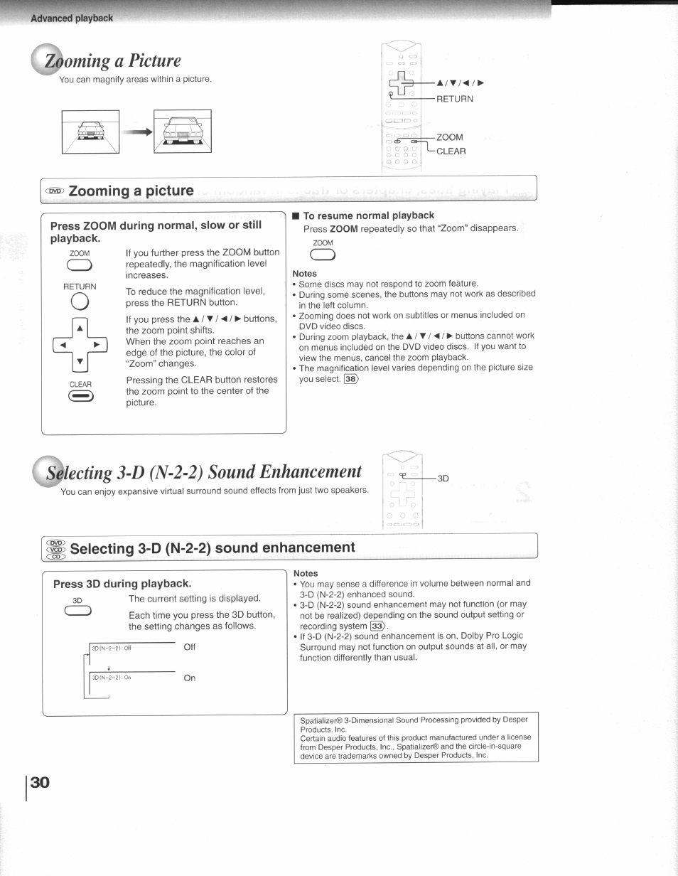 Zooming a picture, To resume normal playback, Notes | Lecting 3-d (n-2-2) sound enhancement, Selecting 3-d (n-2-2) sound enhancement, Press 3d during playback | Toshiba SD-3109 User Manual | Page 30 / 48