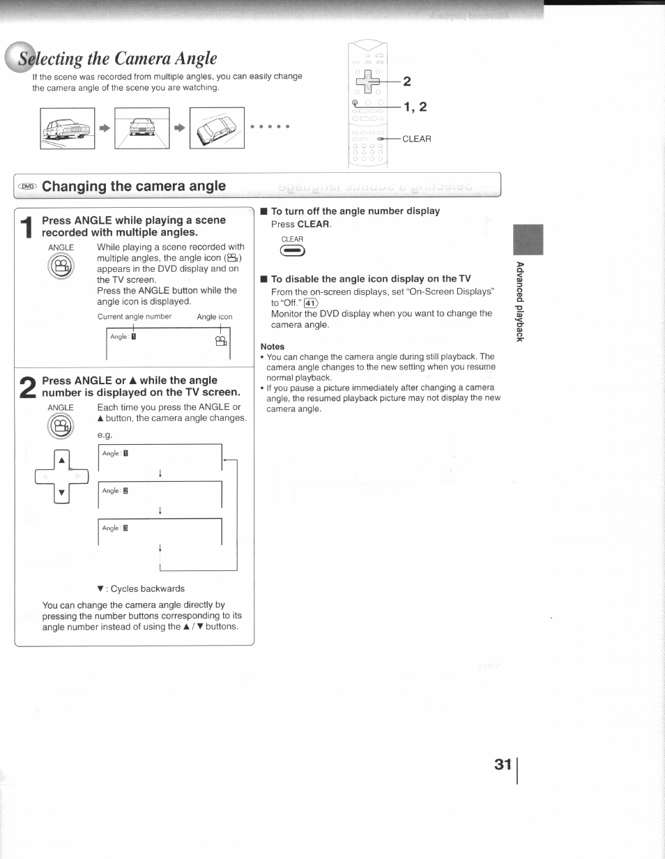 Fleeting the camera angle, Changing the camera angle, To turn off the angle number display press clear | To disable the angle icon display on the tv, Notes, Selecting the camera angie | Toshiba SD-3109 User Manual | Page 31 / 48