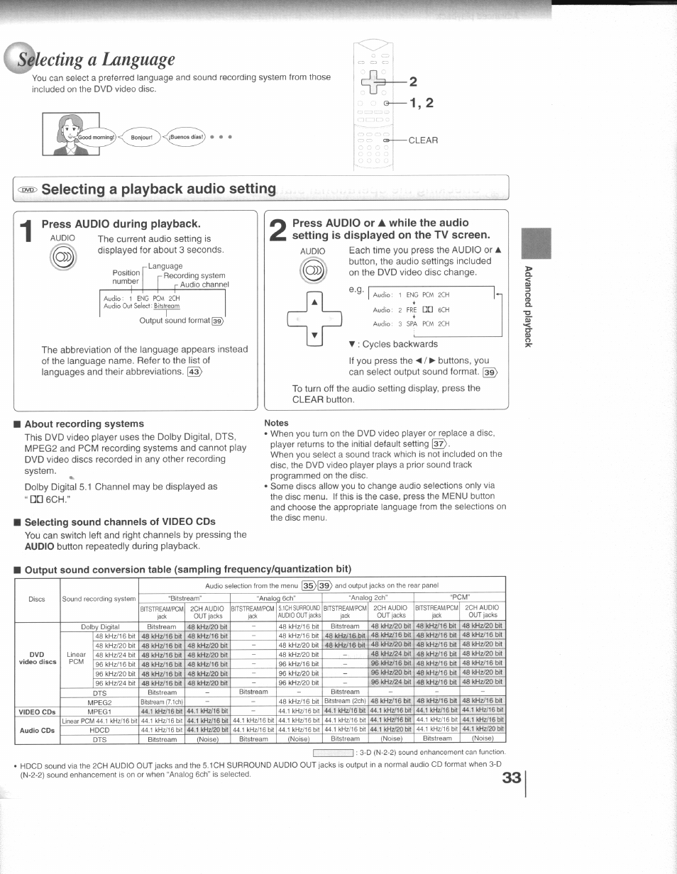 Selecting a playback audio setting, Press audio during playback, About recording systems | Selecting sound channels of video cds, Fleeting a language, Press audio or, Clear, Button repeatedly during playback, A. < m | Toshiba SD-3109 User Manual | Page 33 / 48