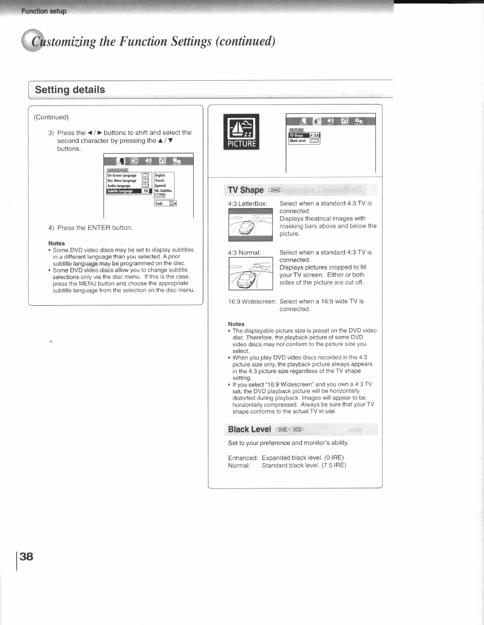 Setting details, Stomizing the function settings (continued), Function setup | Toshiba SD-3109 User Manual | Page 38 / 48