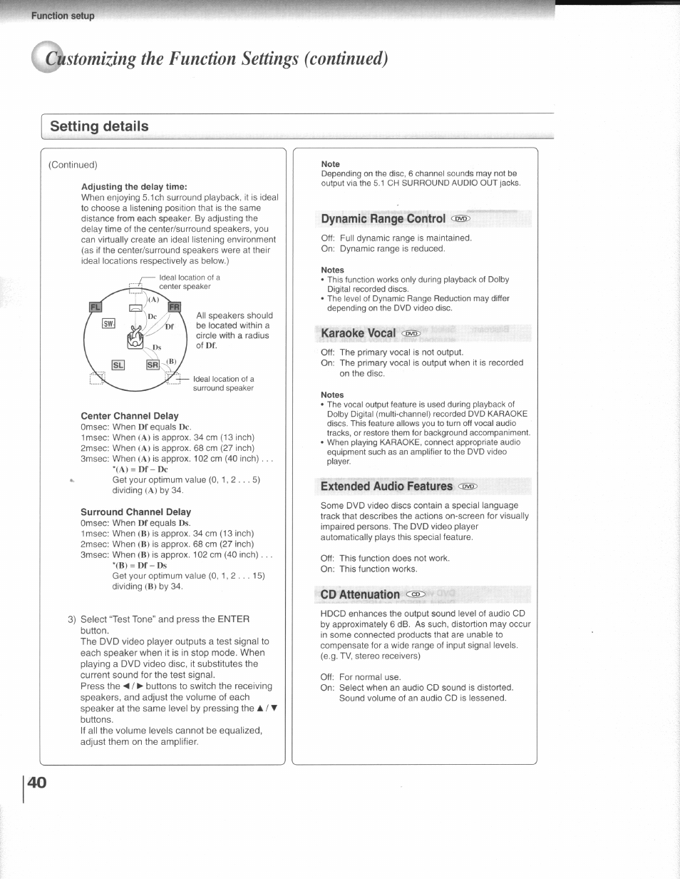 Setting details, Center channel delay, Surround channel delay | Stomizing the function settings (continued) | Toshiba SD-3109 User Manual | Page 40 / 48