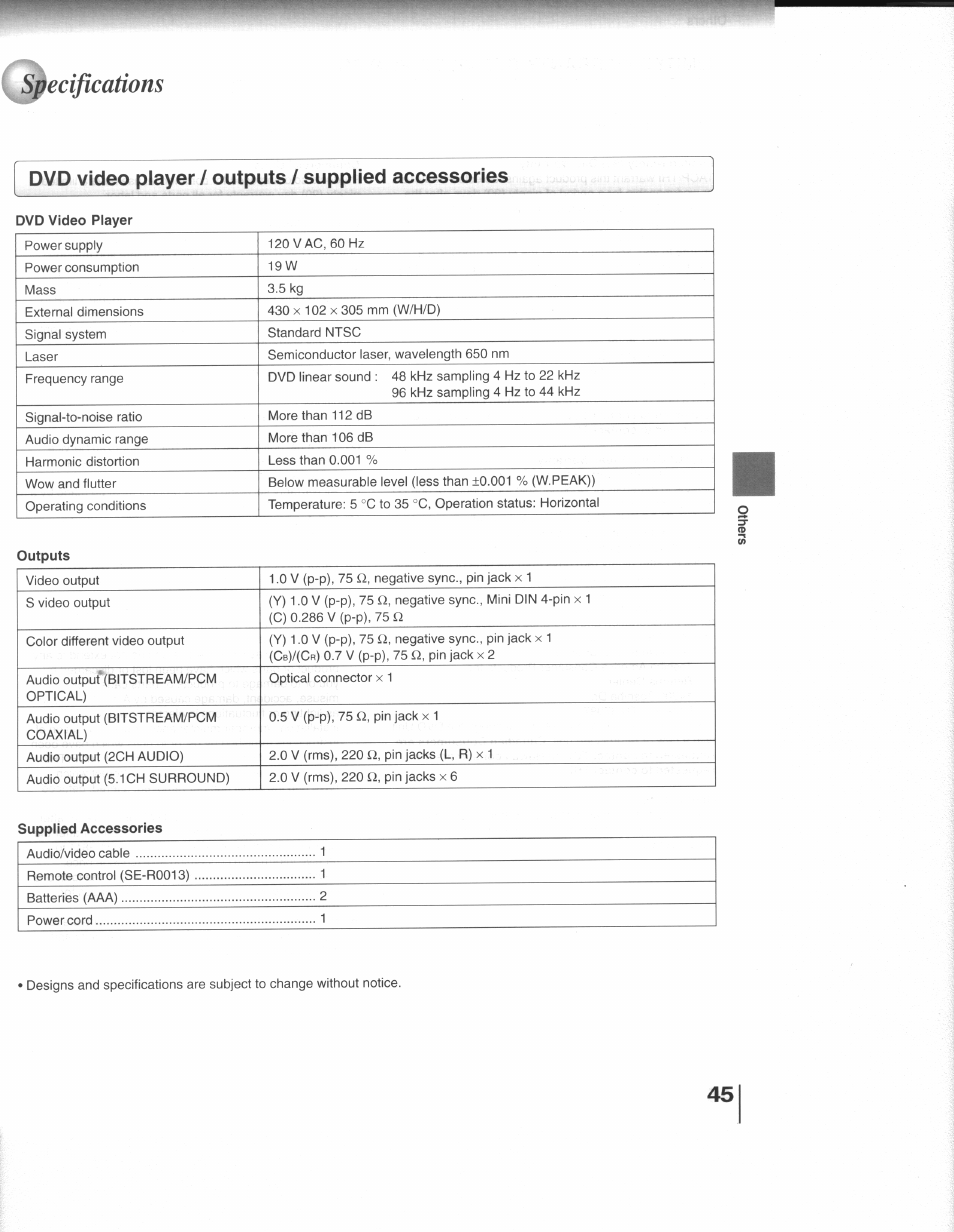 Ecifications, Dvd video player / outputs / supplied accessories, Specifications | Toshiba SD-3109 User Manual | Page 45 / 48