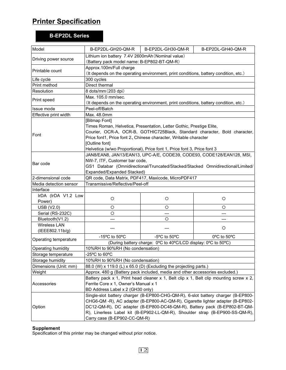 Printer specification | Toshiba EO1-33079 User Manual | Page 13 / 34