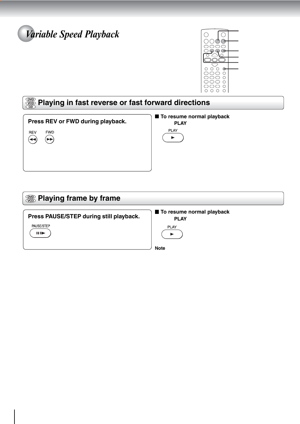 Variable speed playback, Playing frame by frame, Playing in fast reverse or fast forward directions | Toshiba SD-240ESE User Manual | Page 26 / 61