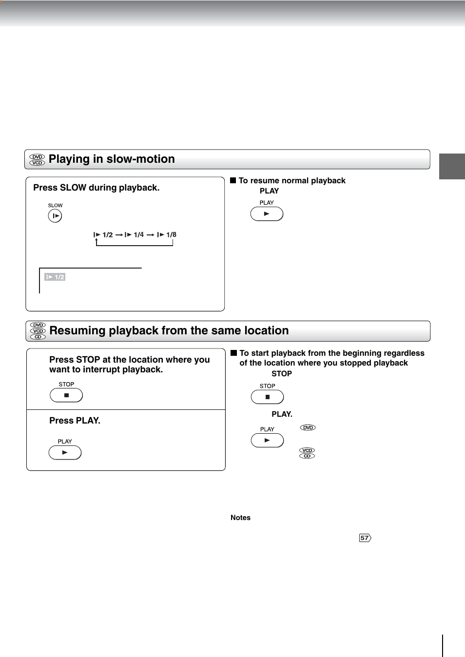 Playing in slow-motion, Resuming playback from the same location | Toshiba SD-240ESE User Manual | Page 27 / 61