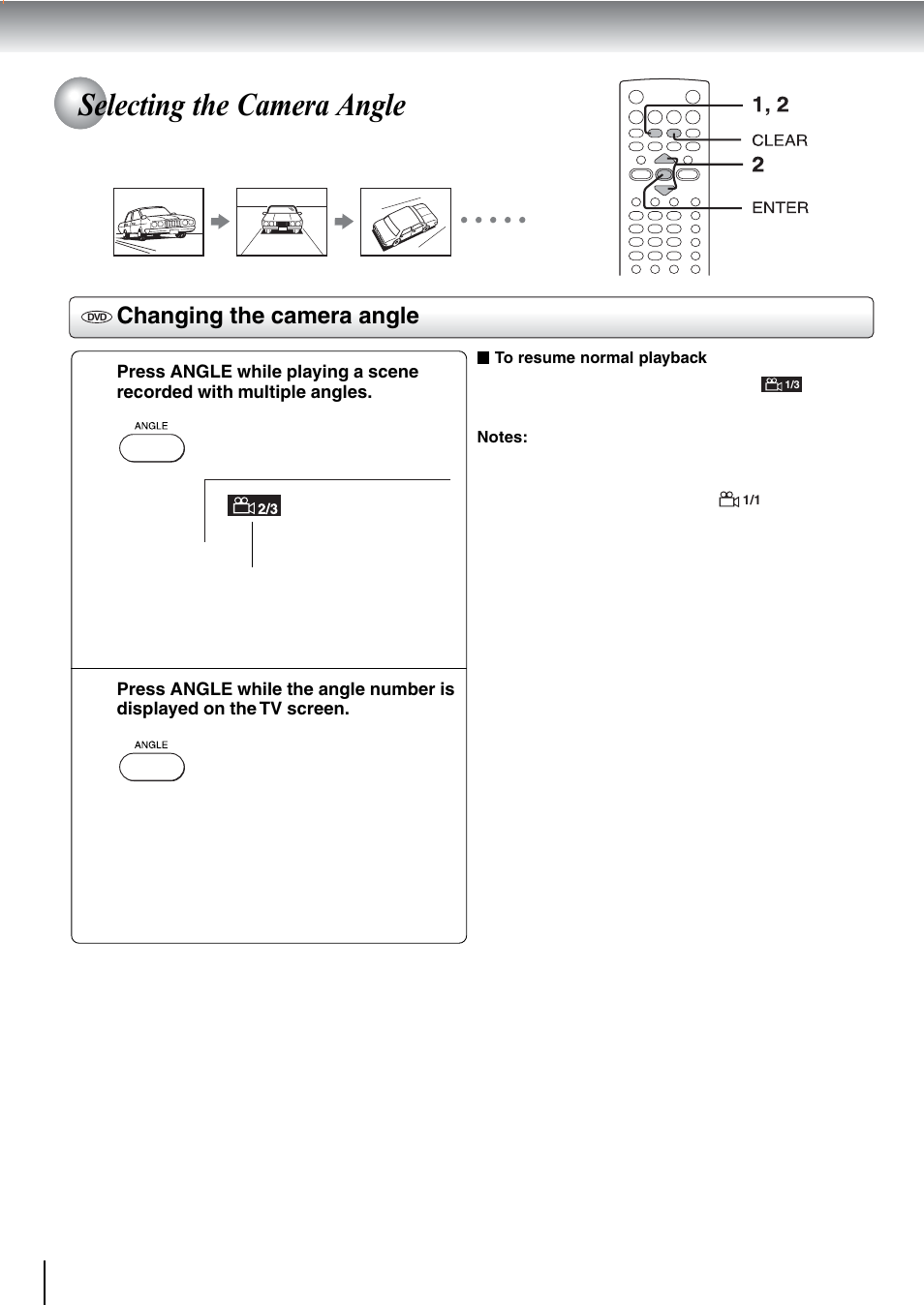 Selecting the camera angle, Changing the camera angle | Toshiba SD-240ESE User Manual | Page 38 / 61